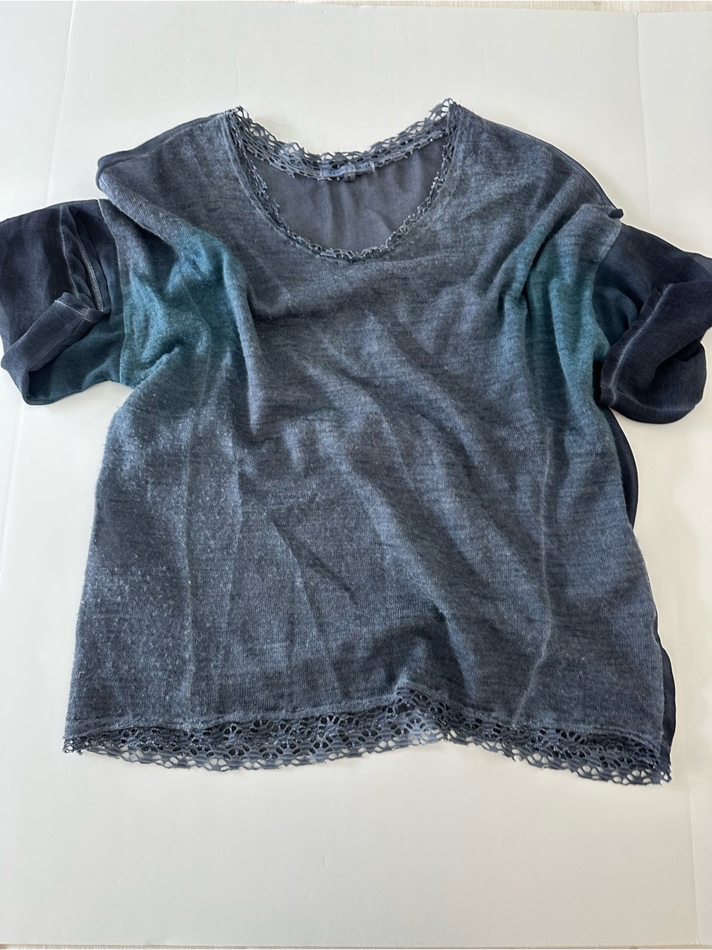 Tempo Paris Women’s Washed Blue Blouse Size Small, Wool Mohair Acrylic Blend